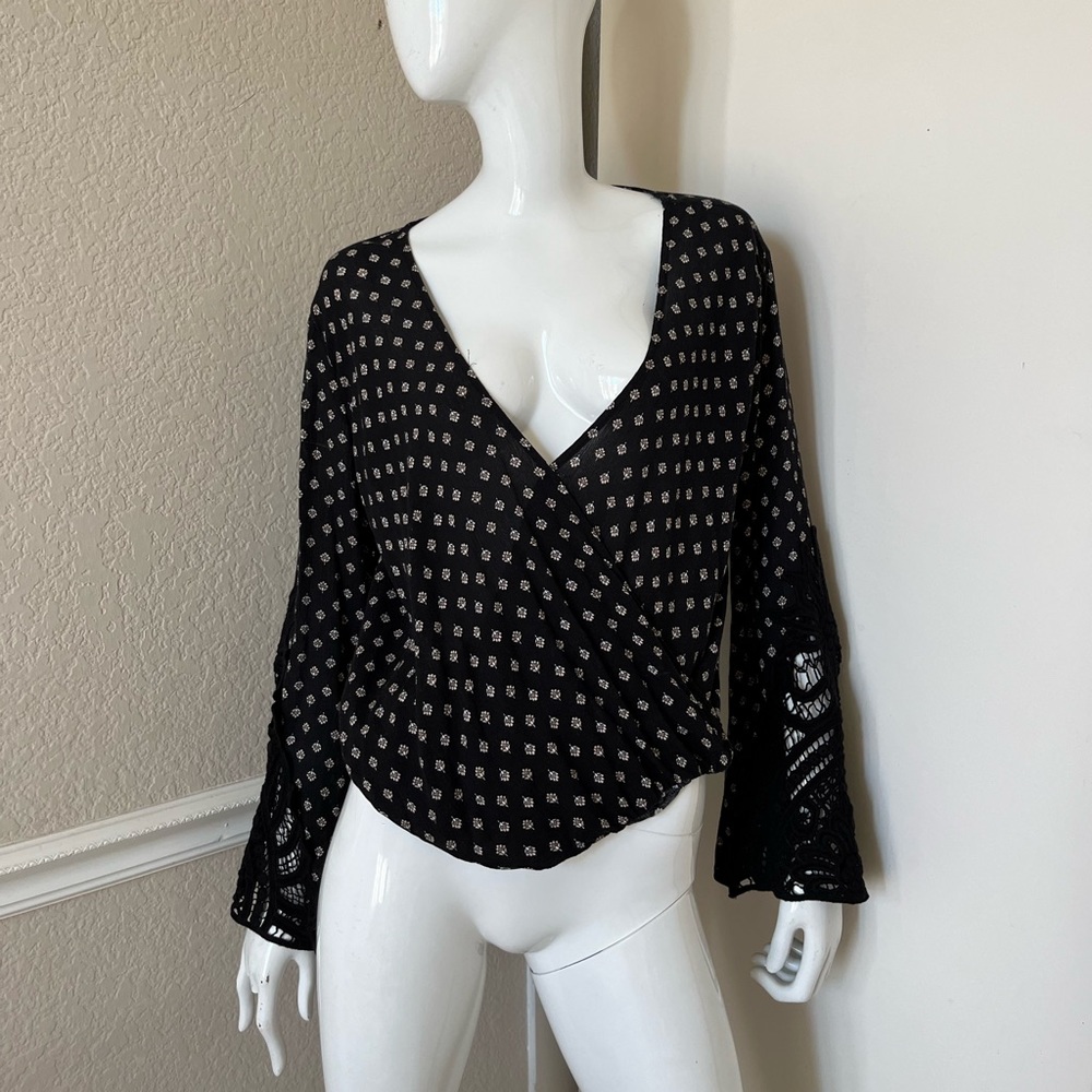 LOVESTITCH NEW! Black Gauzy Rayon Faux Wrap Peasant Blouse w/ Crochet Sleeves S
